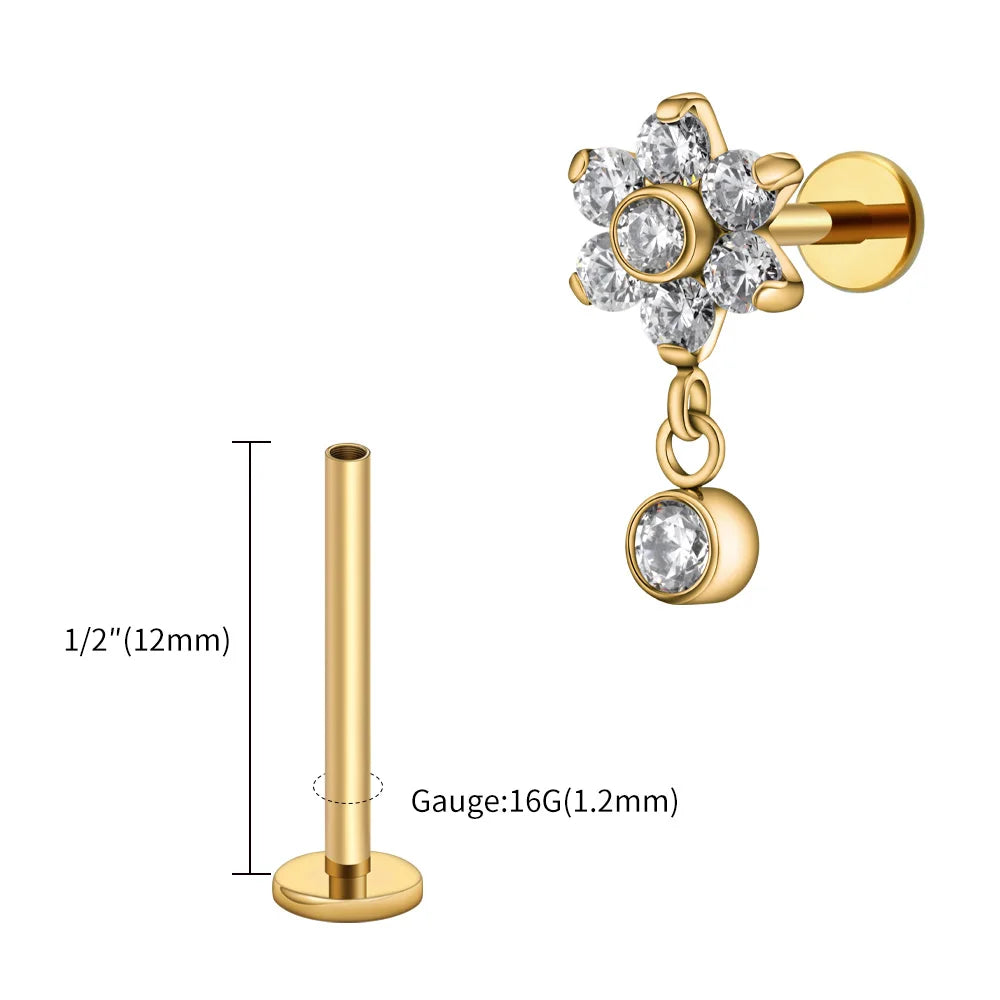 Right Grand ASTM F136 Titanium 16G Flower CZ Drop Dangle Flat Earring Tragus Helix Lobe Stud Piercing Jewelry