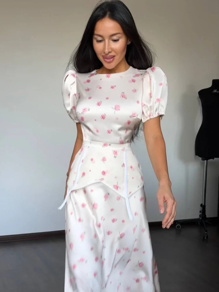 Elegant Printed Satin Skirt Set Women Fashion Round Collar Short Sleeve High Waist Top Skirts Suit Chic 2026 Lady Street Outfit