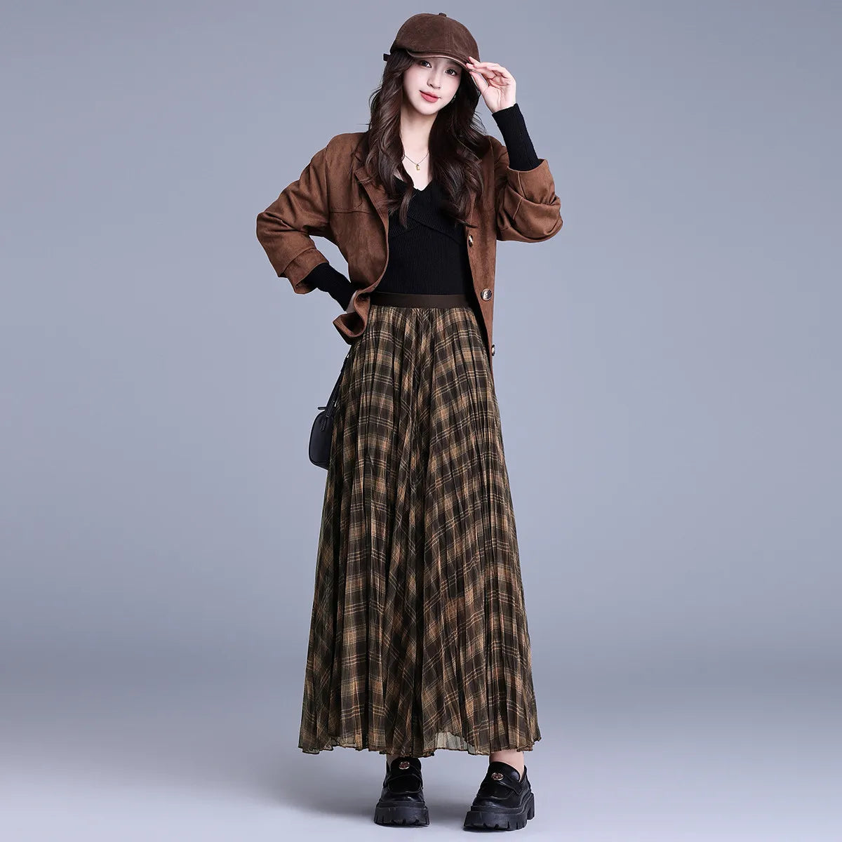LOUISYAO Contrast Color Plaid Long Skirt Women 2025 Autumn High Waisted Elastic Waist A Line Midi Skirt Casual Bottoms