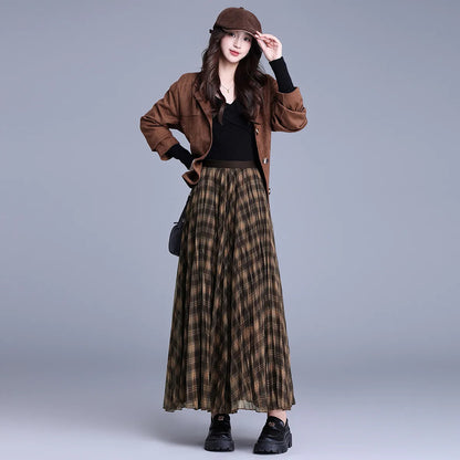 LOUISYAO Contrast Color Plaid Long Skirt Women 2025 Autumn High Waisted Elastic Waist A Line Midi Skirt Casual Bottoms