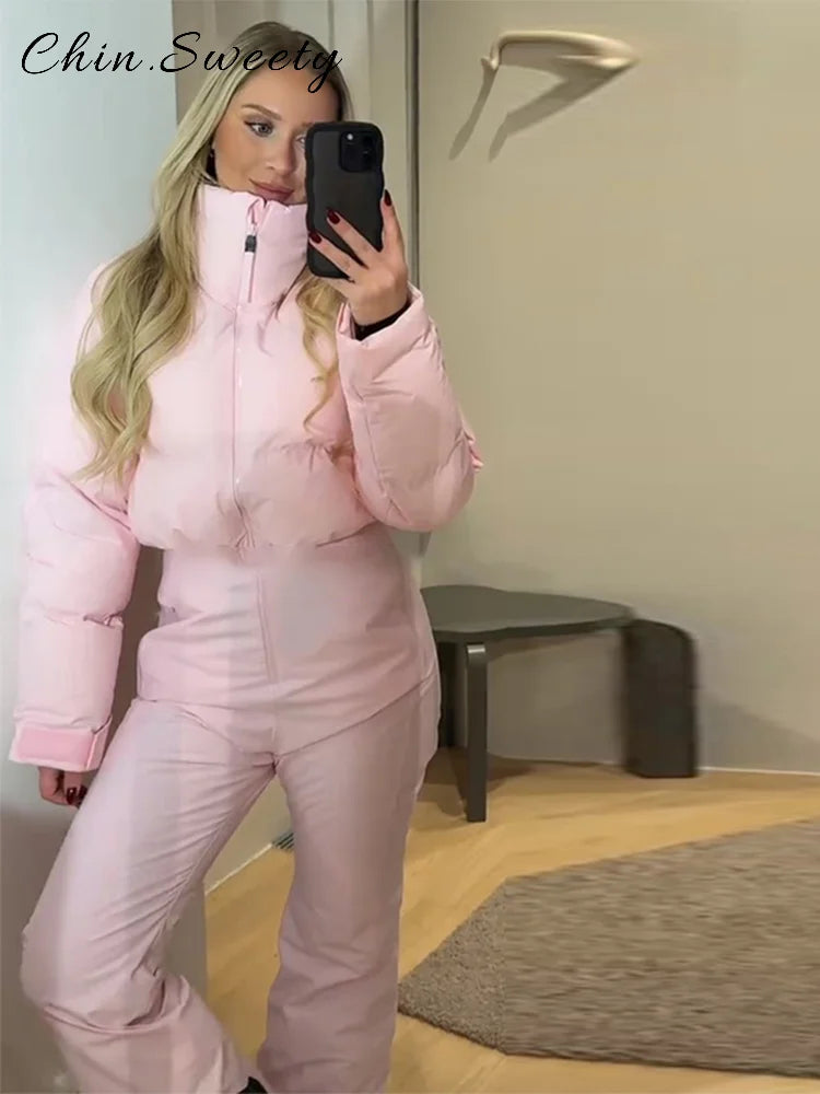 Warm Women's Skiwear Jumpsuit With Belt Stand Collar Full Sleeve Zipper Straight Thicken Jumpsuits 2026 Winter Lady Chic Clothes