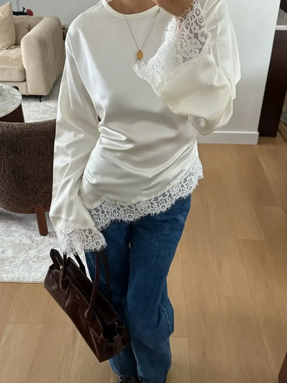 Women Elegant Satin Lace Patchwork Top O-neck Loose Long Sleeves Lace Up Shirt 2026 Female Spring Autumn Lady Chic T-shirt