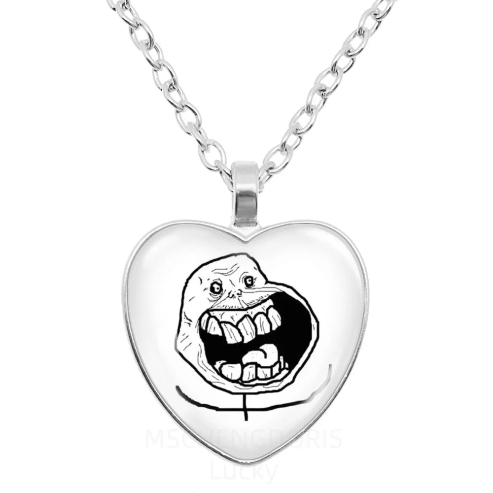Rage Comic Necklace Derp Face Trollface Funny Meme Cartoon Glass Heart Shape Pendant Chain Necklace Charm Jewelry Collect Gift