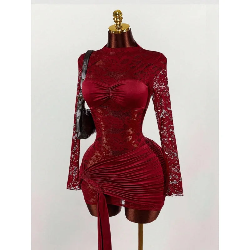 French Lace Sheer Dress Waist-Cinching Pleated Strap Slim-Fit Bodycon Skirt