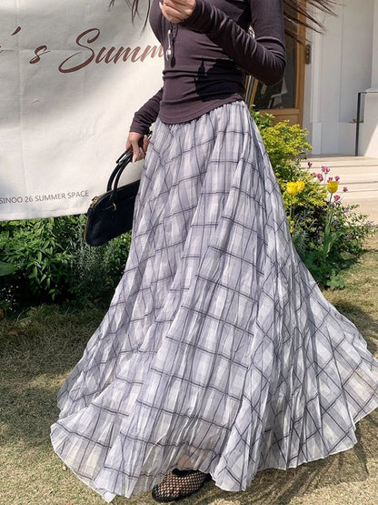 2026 Spring Summer Wrinkled Pleated Skirt Women Mesh Skirt Korean Casual High Waisted A-Line Plaid Long Skirt Midi falda plisada