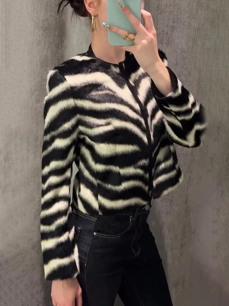 Vintage Women's Zebra Printed Short Jacket Skirt Set O-neck Long Sleeve Buckle Coats Mini A-line Skirts 2026 Autumn Lady Suit