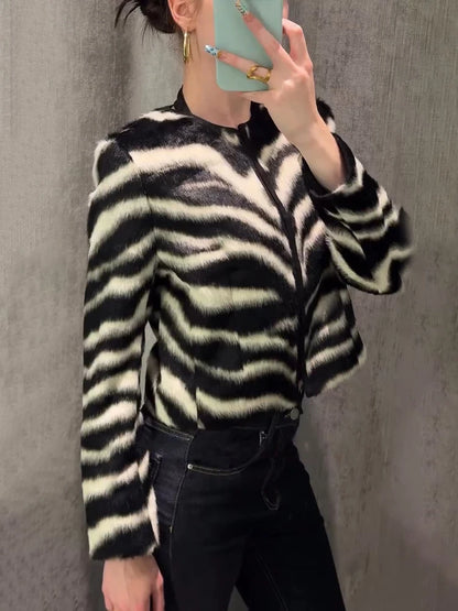 Vintage Women's Zebra Printed Short Jacket Skirt Set O-neck Long Sleeve Buckle Coats Mini A-line Skirts 2026 Autumn Lady Suit