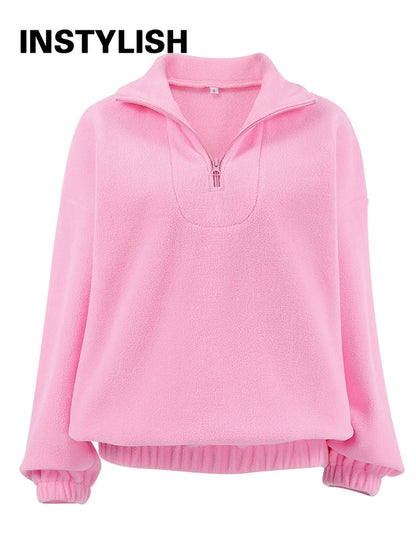 Women Autumn Winter Fleece Hoodies Elegant Stand Collar Zipper Loose Sweatshirt Elegant Solid Pullover Casual Top Streetwear