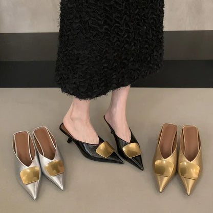 Maogu Luxury Slides Pointed Toe Ladies Shoes Summer Fashion Footwear Thin Mid Heels Shoe Slides Slippers Women 2025 Chain Mules