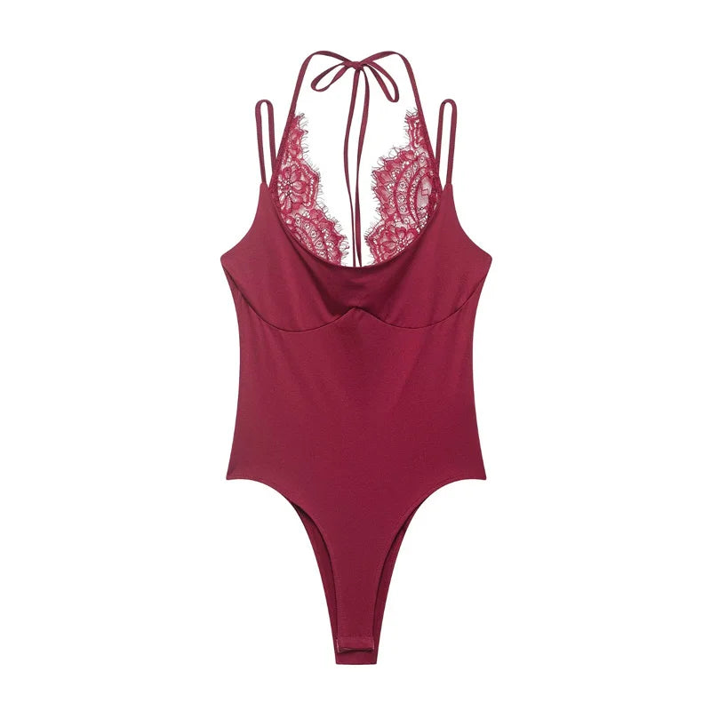 Women's Bodysuit 2026 New Fashion Spring Summer Brown Spliced Lace Bodysuit for Women Chic Personality Spaghetti Strap Bodysuit