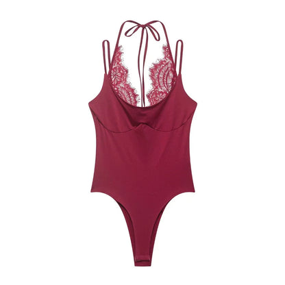 Women's Bodysuit 2026 New Fashion Spring Summer Brown Spliced Lace Bodysuit for Women Chic Personality Spaghetti Strap Bodysuit