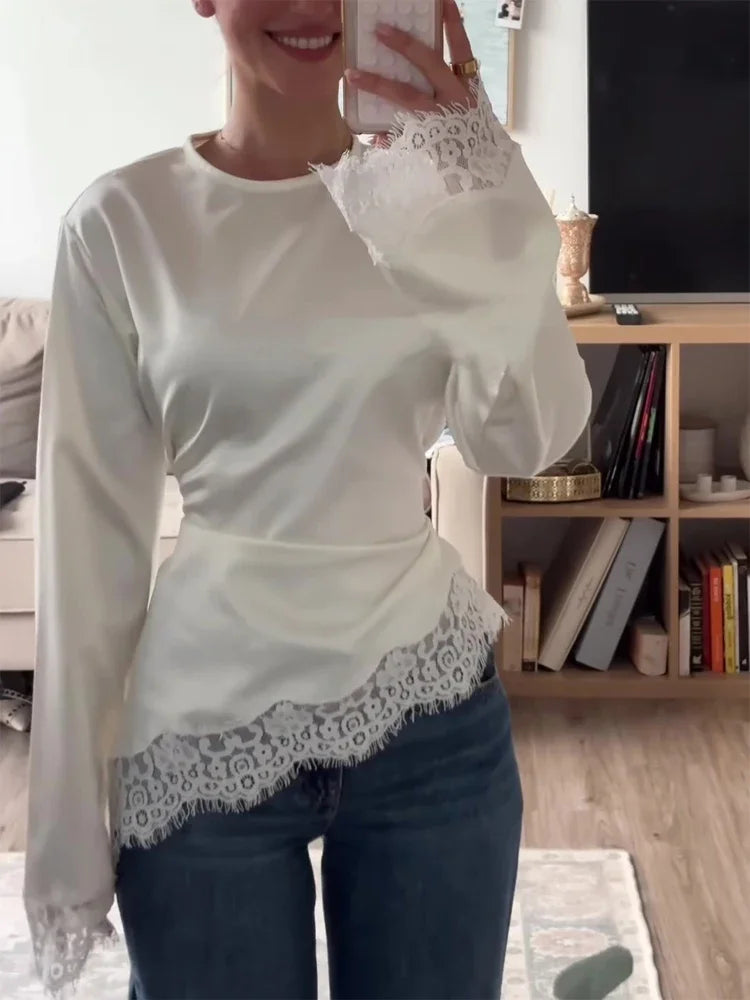 Women Elegant Satin Lace Patchwork Top O-neck Loose Long Sleeves Lace Up Shirt 2026 Female Spring Autumn Lady Chic T-shirt