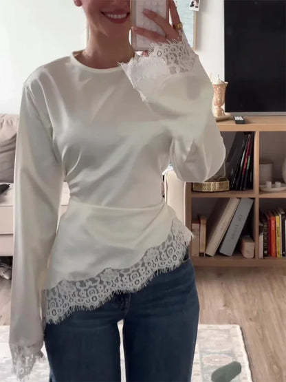 Women Elegant Satin Lace Patchwork Top O-neck Loose Long Sleeves Lace Up Shirt 2026 Female Spring Autumn Lady Chic T-shirt