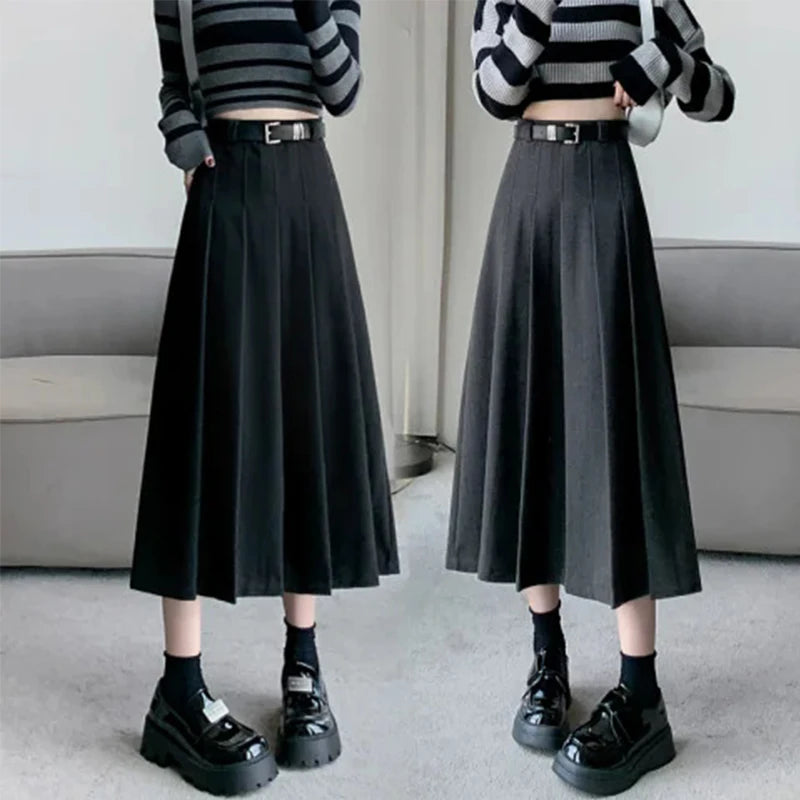 1pcs Women Skirts Vintage High Waist Elastic Pleated Skirt Black Design Chic Long A-line Skirt Spring Summer Fashion Clothes