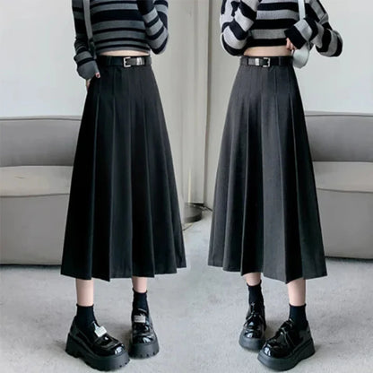 1pcs Women Skirts Vintage High Waist Elastic Pleated Skirt Black Design Chic Long A-line Skirt Spring Summer Fashion Clothes