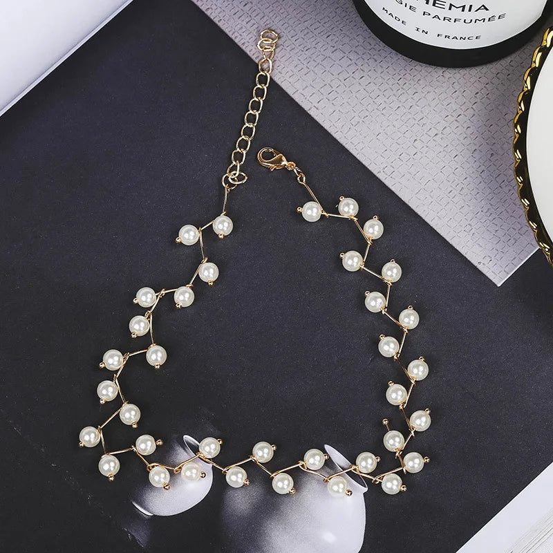 New Korean Pearl Necklaces for Women Gold Color Link Chain Choker Fashion Neck Accessories Elegant Collar Bijoux Femme