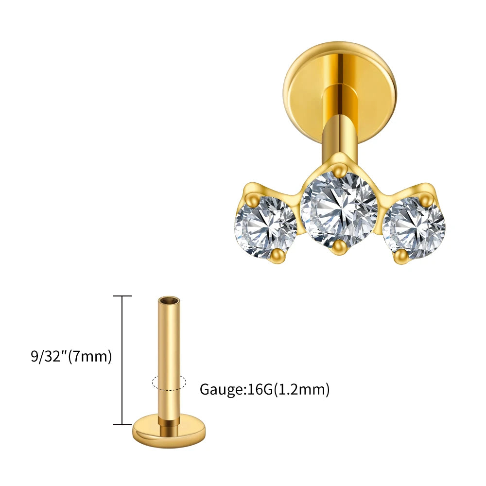 Right Grand ASTM F136 Titanium Triple CZ Cluster Cartilage Earring 16G Mini CZ Labret Tragus Helix Medusa Flat Back Piercing
