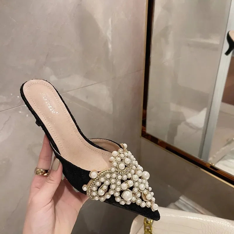 New Slippers Fashion Pointy Head Pearl Half Slippers Fine Heeled Sandals Women's Shoes 42 Yards Middle Heeled Mules Shoes