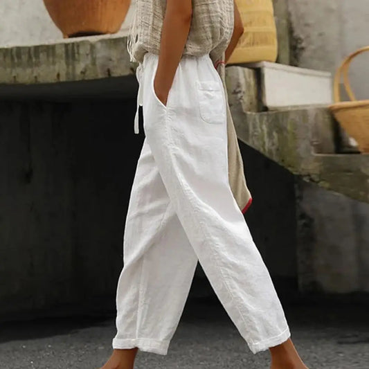 Mid-rise Elastic Waistband Drawstring Pockets Wide Leg Women Pants Vintage Solid Color Casual Pants Loose Trousers Female
