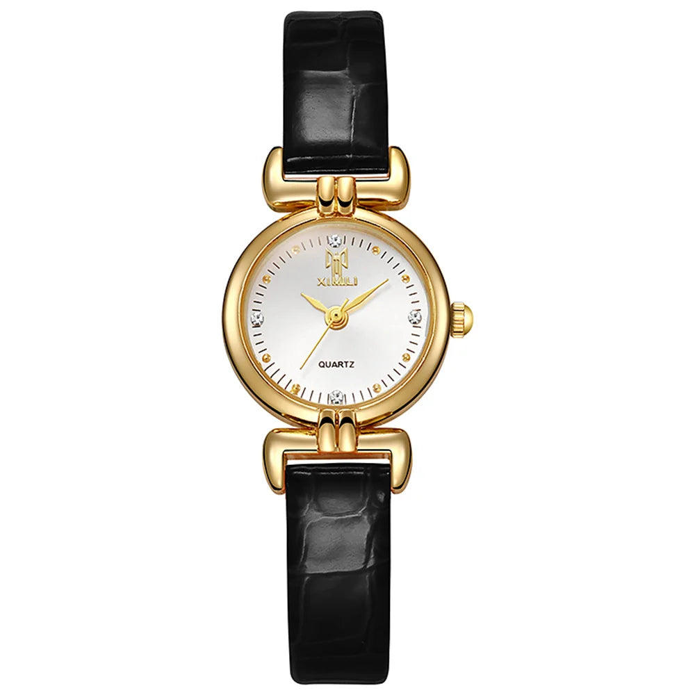 Fashion 2024 New Ladies Small Simple Diamonds Quartz Watch Black Leather Women's Dress Clock Gift Wristwatch