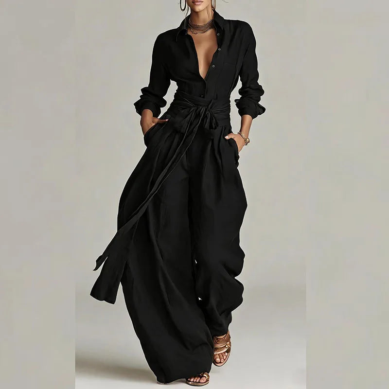 Sexy Single Breasted Lapel Top & Long Pants Sets Woman Casual Solid High Waist Lace-up Outfit Spring Long Sleeve Two Piece Suits