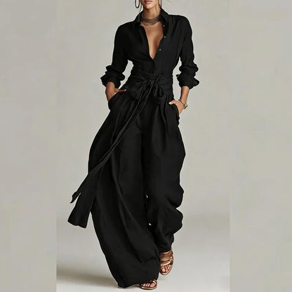 Sexy Single Breasted Lapel Top & Long Pants Sets Woman Casual Solid High Waist Lace-up Outfit Spring Long Sleeve Two Piece Suits