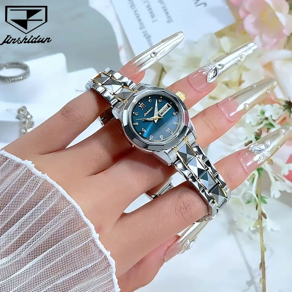 JSDUN Women's Watches Luxury Fashion Tungsten Steel Strap Sapphire Mirror Original Automatic Mechanical Wristwatch for Lady Date