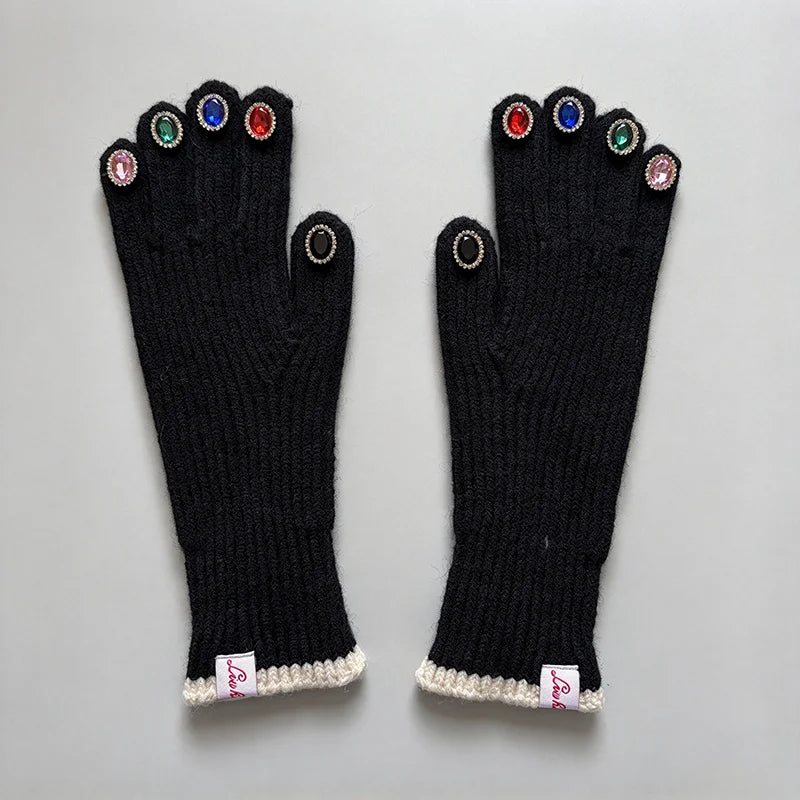 Women Winter Warm Knitted Full Finger Gloves Solid Wool Luxury Rhinestone Girl Fashion Touch Screen Mittens Female Drving