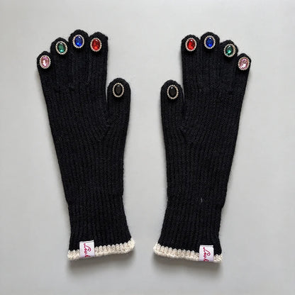 Women Winter Warm Knitted Full Finger Gloves Solid Wool Luxury Rhinestone Girl Fashion Touch Screen Mittens Female Drving