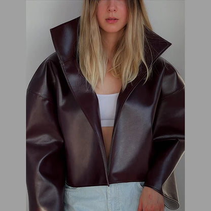 Loose Solid Women's Pu Leather Jacket Long Sleeve Stand Collar Lady Coats Crop Tops 2026  Autumn Fashion Female Street Outerwear