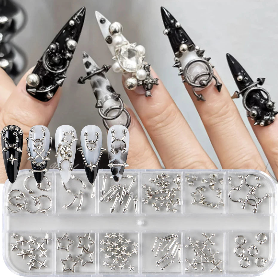 12 Grids Punk Silvery Golden Rivets Style Nail Charms Y2K Metal Golden Pierced Rivets Solid Nail Art Decoration Nail Accessories