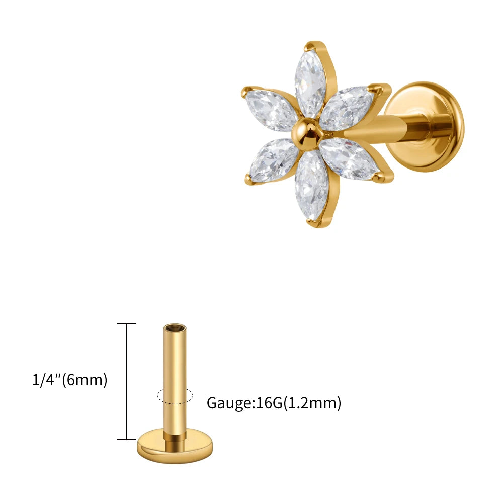 Right Grand ASTM F136 Titanium 16G Marquise Flower CZ Labret Stud Helix Conch Cartilage Tragus Flat Back Piercing Body jewelry