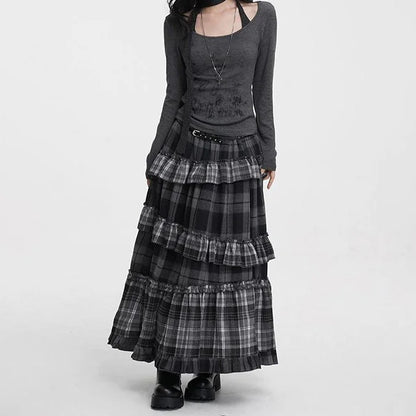 Midi Dress Vintage Plaid Skirt Women High Waist Skirt Ruffle Patchwork Irregular Hem Autumn Winter Line Slim Maxi Skirts Female