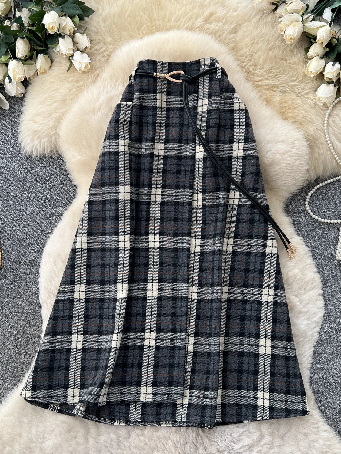 Retro Plaid Splicing A-Line Midi Skirt Women's High Waist Slimming Commute Elastic Waist Skirts Korean Style City Commute