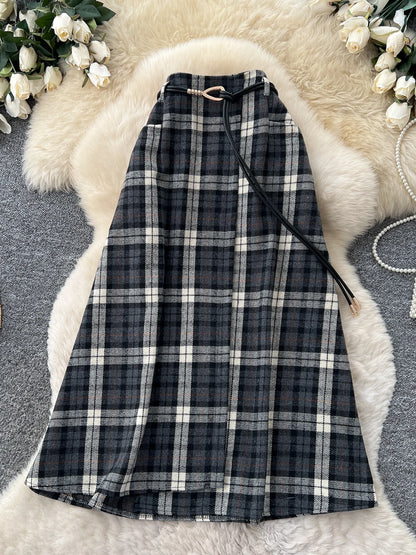 Retro Plaid Splicing A-Line Midi Skirt Women's High Waist Slimming Commute Elastic Waist Skirts Korean Style City Commute
