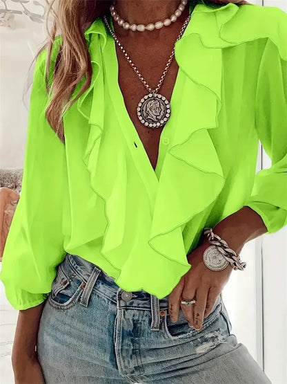 Fashion Ruffles V-neck Women Blouse Women 2026 Spring Autumn Casual Long Sleeve Solid Color Office Shirts Elegant Women's Tops