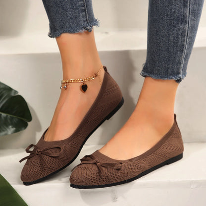 Pointed Bow Flying Flat Shoes Women's 2025 New Summer Casual Bean Shoes Knitted Soft Sole Knitted Women's Shoes Large Size 43