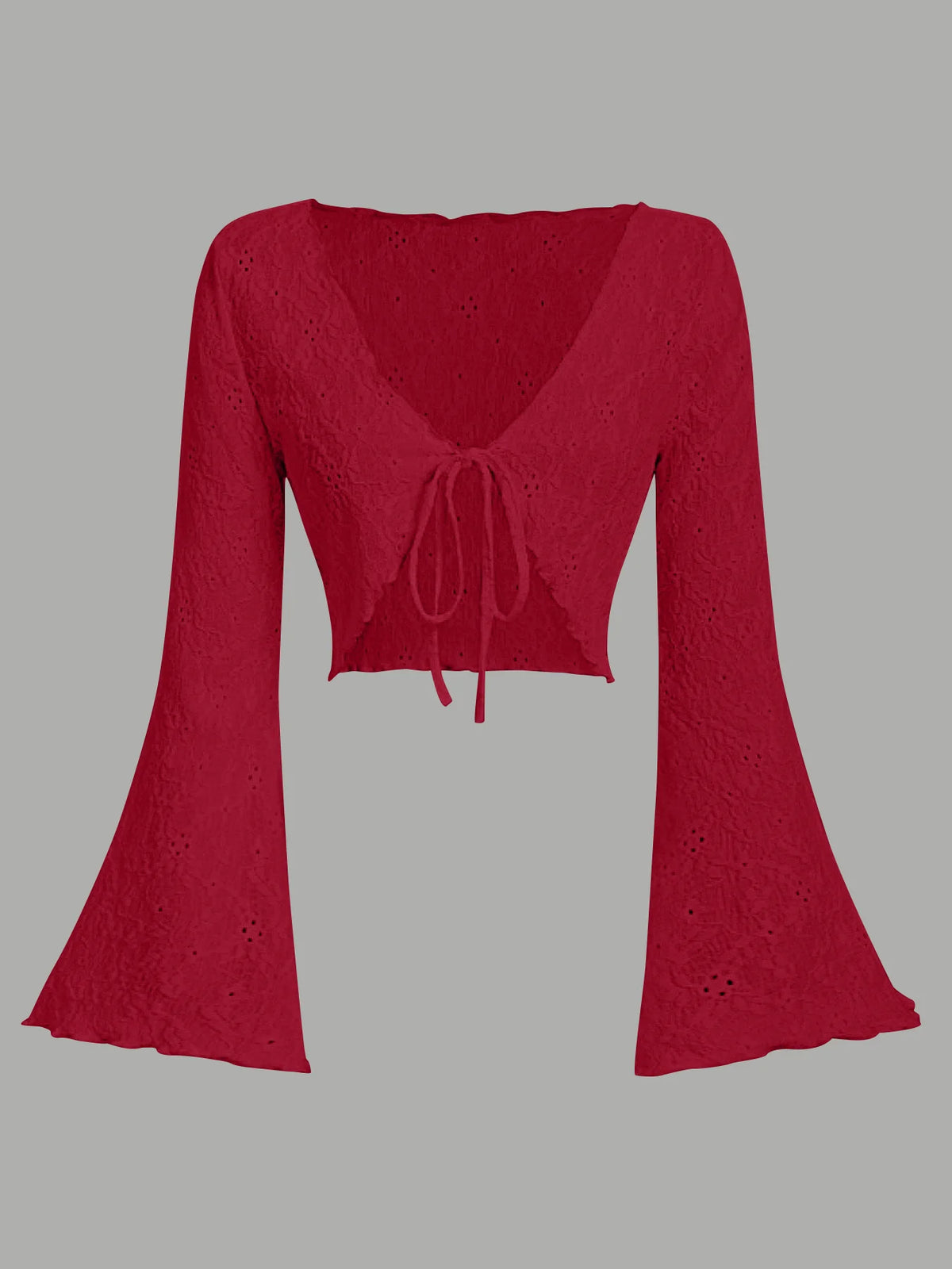 Women Eyelet Lace Flare Sleeve Crop Cardigan Front Tie V Neck Scalloped Edge Solid Black Summer Cover Up Shrug Top