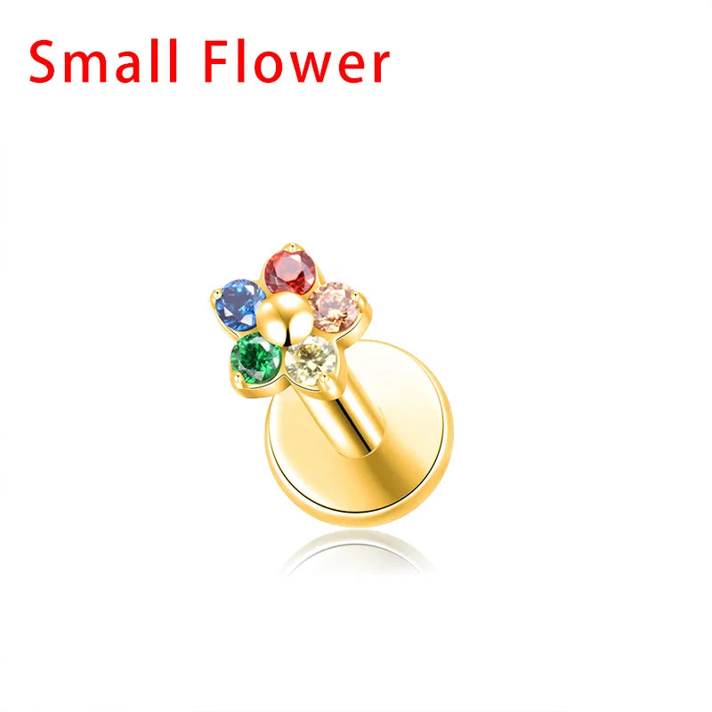 G23 Titanium Colorful Flower Lip Piercing Women 16G 18G Snowflake Heart CZ Tragus Cartilage Helix Conch Daith Earrings Piercing