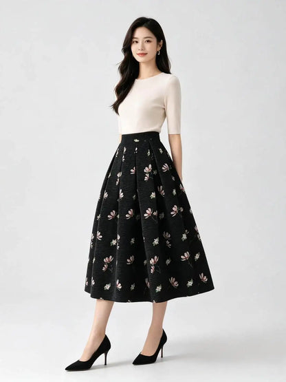 High Quality Autumn Winter Chenille Embroidery Mid-long Puffy Skirt Elegant Vintage Elastic Waist Casual A-line Umbrella Skirts