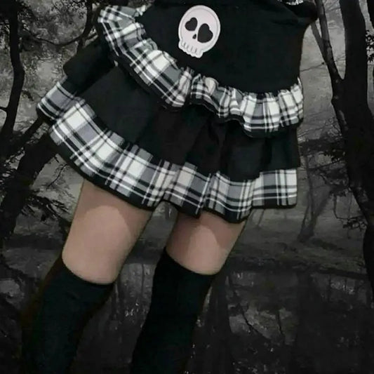 Harajuku Punk Plaid Ruffle Mini Skirt Gothic Elastic Waist Skull Chain Streetwear Y2K Lolita Women Short Skirt Women's Clothes