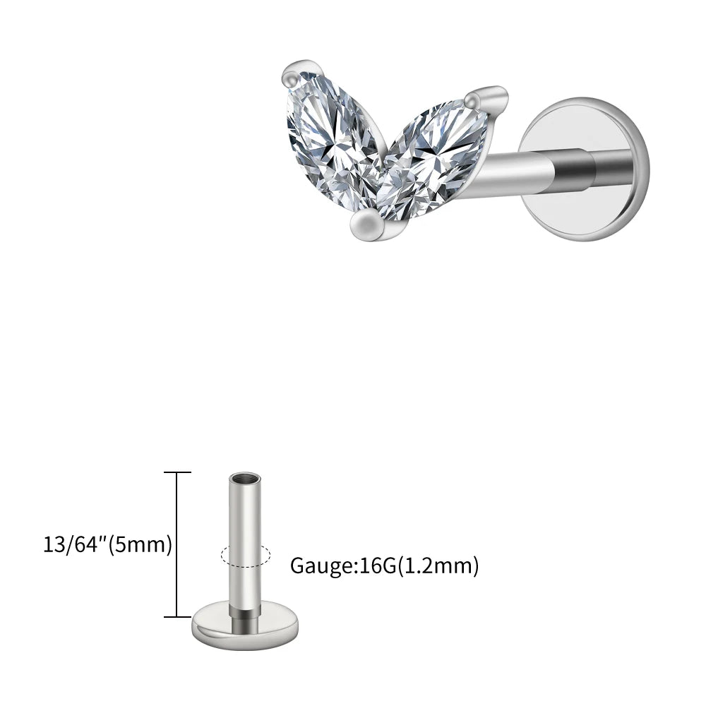 Right Grand ASTM F136 Titanium Tiny Double Marquise CZ Labret Stud Earring 16G Heart CZ Cartilage Helix Tragus Conch Piercing