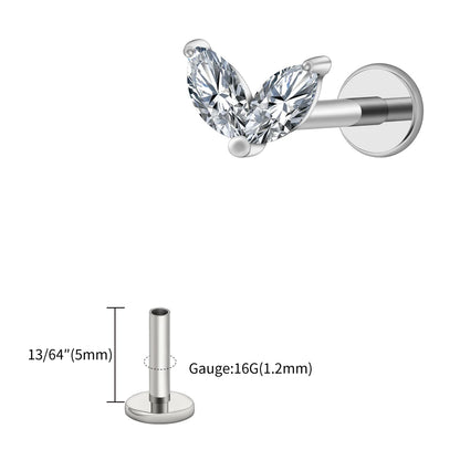 Right Grand ASTM F136 Titanium Tiny Double Marquise CZ Labret Stud Earring 16G Heart CZ Cartilage Helix Tragus Conch Piercing