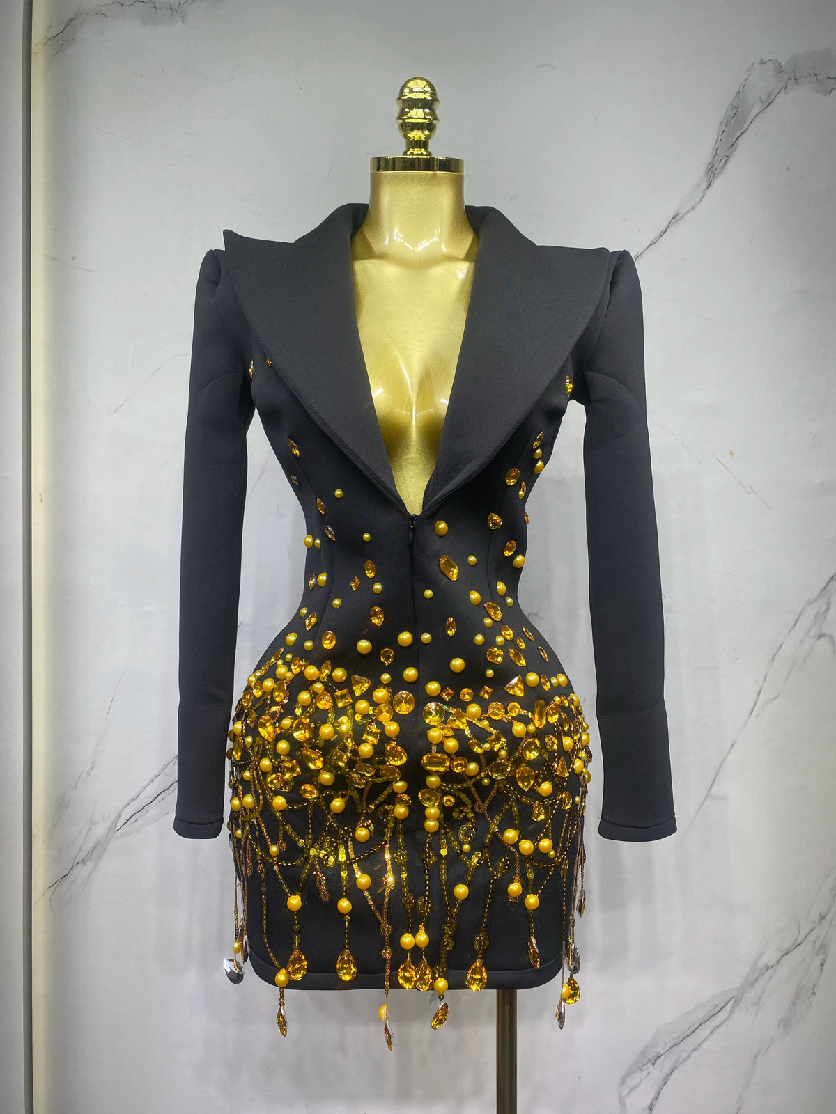 Sparkly Crystal Chains Pearls Long Sleeve Mini Dress Women Birthday Evening Party Nightclub Outfit Singer Wedding Costume