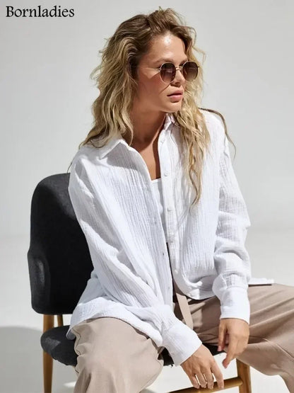 Bornladies 2025 Women's Spring Summer 100% Cotton Shirts Office Lady  Fashionable Solid Lady Long Sleeve Loose Tops Crepe Shirts
