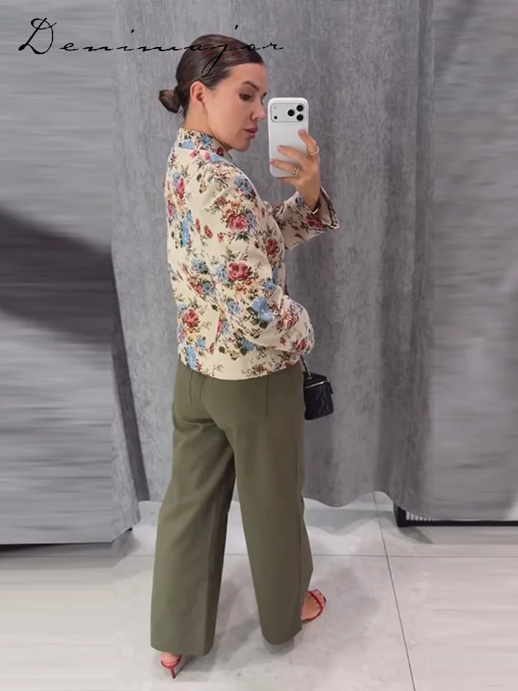 Fashion Flowers Print Coat Women's Stand Collar Single-breasted Full Sleeve Loose Jacket 2026 Autumn New Lady Vintage Streetwear