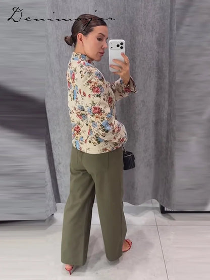 Fashion Flowers Print Coat Women's Stand Collar Single-breasted Full Sleeve Loose Jacket 2026 Autumn New Lady Vintage Streetwear