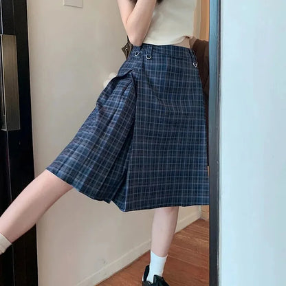 Spring Vintage Plaid Midi Skirt Women High Waist Preppy Style Slim Sweet Pleated Skirts Casual Retro Korean Ins A Line Skirt New