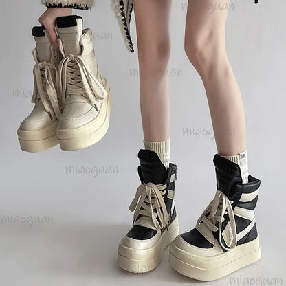 Women's High Top Boots Lace Up Round Toe Heighten Thick Sole Sneakers Trendy Street Fashion Casual Ankle Shoes Zapatos De Mujer