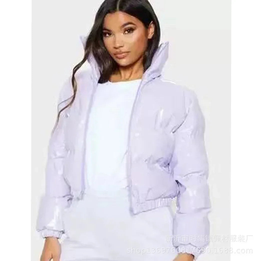 Women Cotton-padded Jacket Jacket Fashion Casual Glossy Long Sleeve Autumn And Winter Stand Collar Short Zipper Sexy Warm Street
